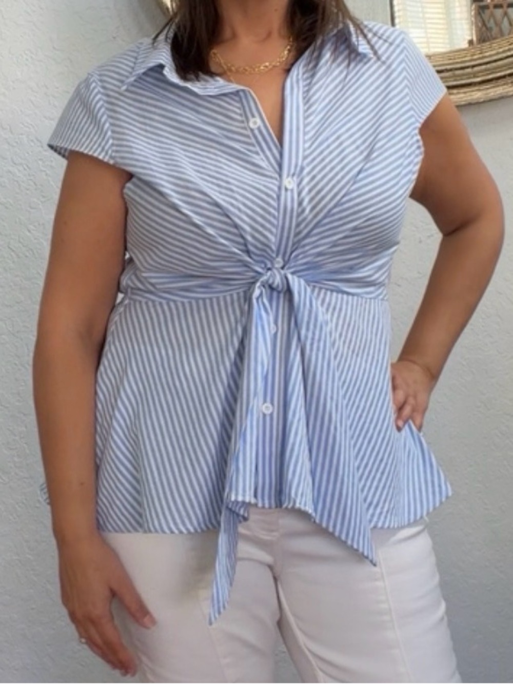 Grace Karin Blue and White Striped Tie-Front Button Down Top